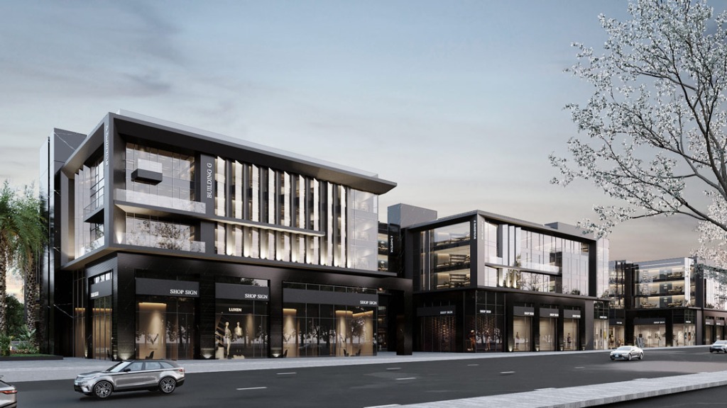 Architectural rendering of one of Waterway West's commercial buildings