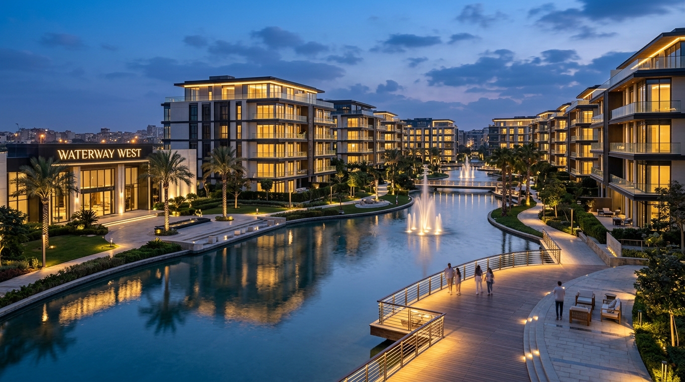 Waterway West at dusk, canal with fountains and illuminated residential buildings